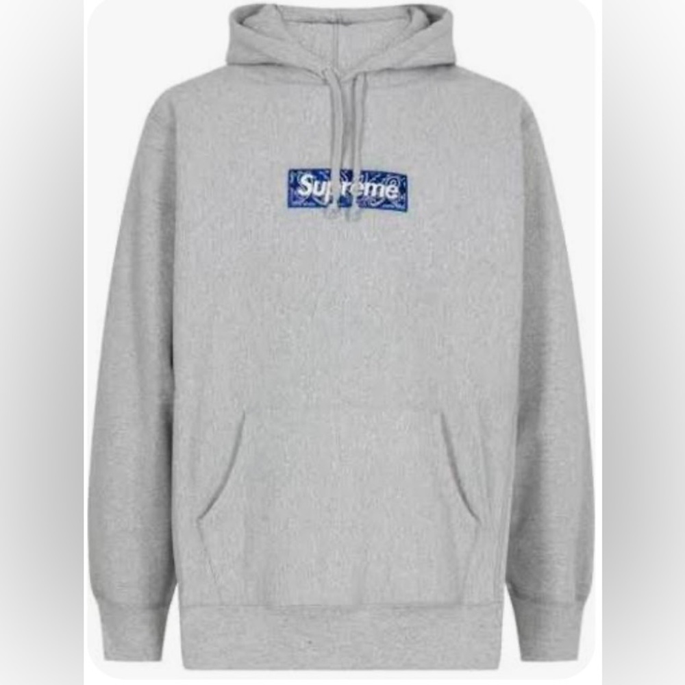 Supreme Blue Bandana Logo Hoodie Sweatshirt Heather Grey -Size Medium